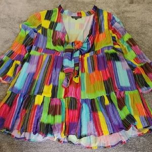 Eloquii Tie Front Minidress Rainbow Ruffle